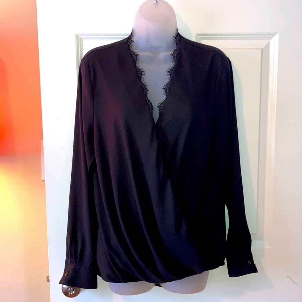 Anne Taylor Faux Wrap, Lace Trim Blouse